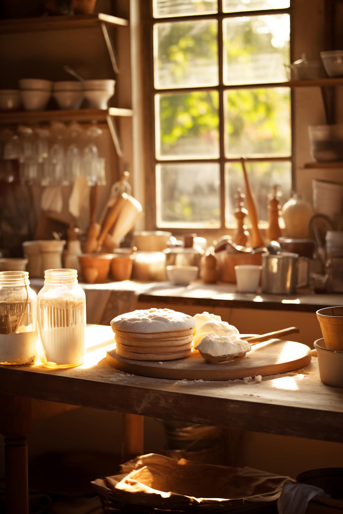 Cozy kitchen studio with wooden table and utensils